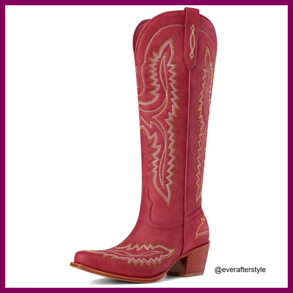 Knee-High Western Boots Pointed Toe Chunky Heel Side Zipper Pull On